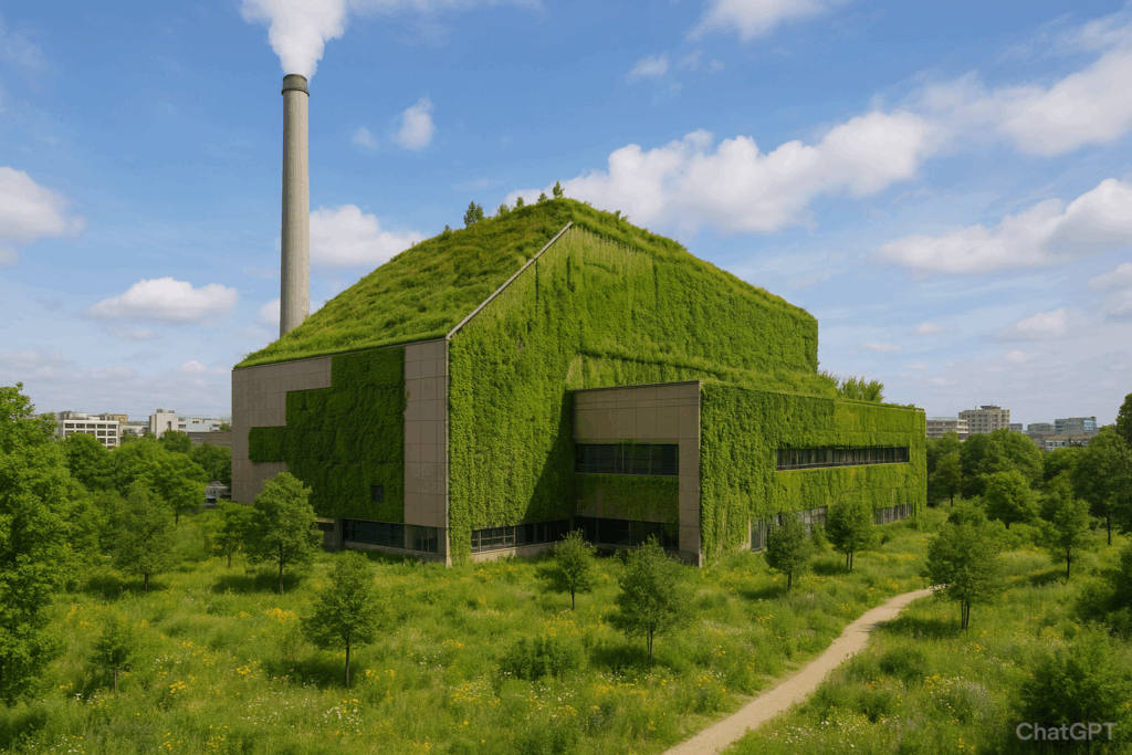 Kehreichtverbrennungsanlage mit Dach- und Fassadenbegrünung inmitten eines üppig bewachsenen Parks. Im Hintergrund sind Häuser zu sehen. 